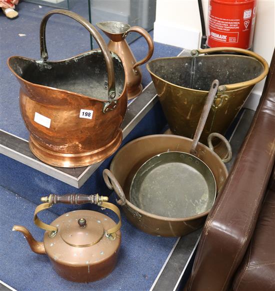 A Victorian copper kettle and a Victorian preserve pan, a kettle bucket pan and a preserving pan